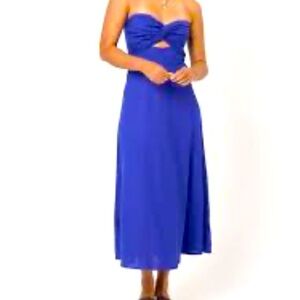 Trixxi Linen Blend Twist Front Keyhole Midi Dress in Cobalt Blue. Size Small